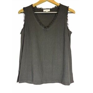 Stitch Fix Kaleigh Fringe Trim Sleeveless Top size Medium Black V-Neck Tank